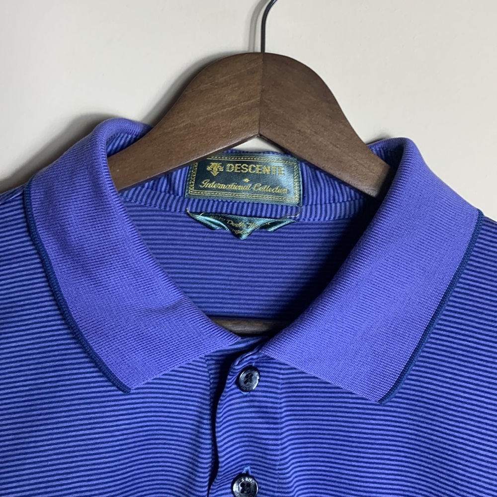 Dark and light purple striped descents 4 button polo collared shirt